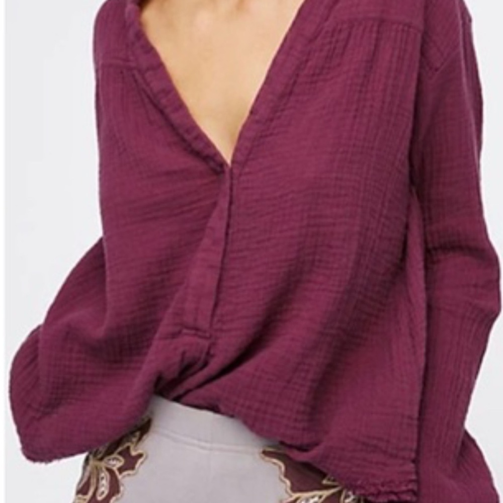 Free People Women's Purple V-Neck Gauze Top